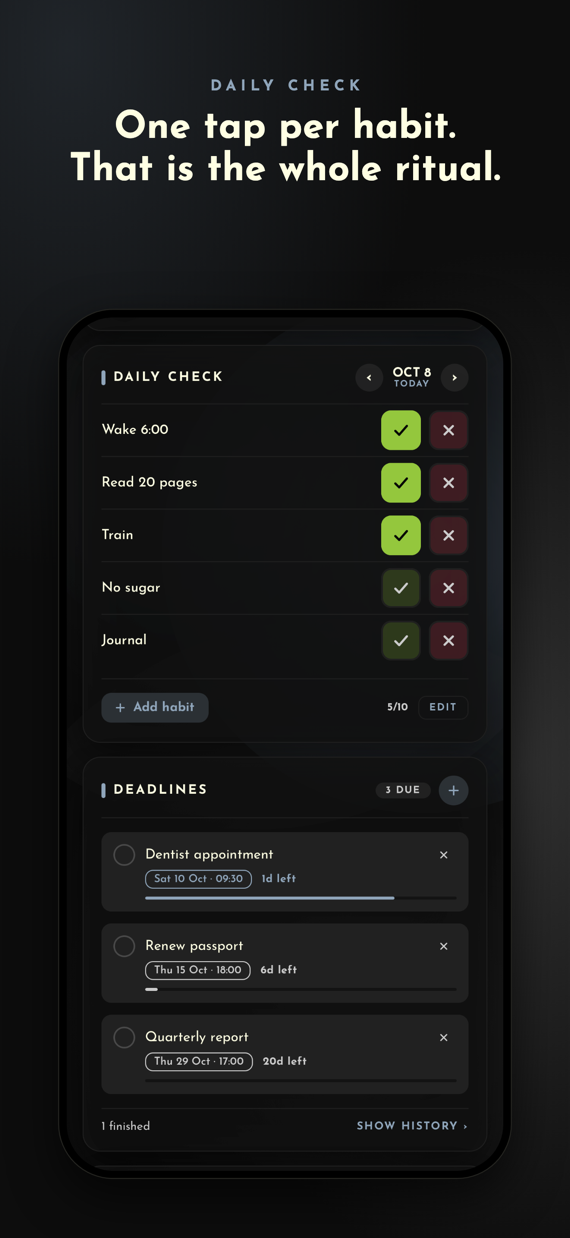 Daily check: one tap per habit, that is the whole ritual